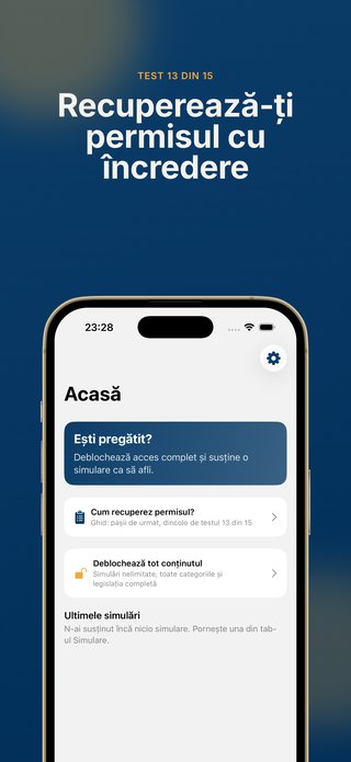 Ecranul principal al aplicației Redobândire Permis